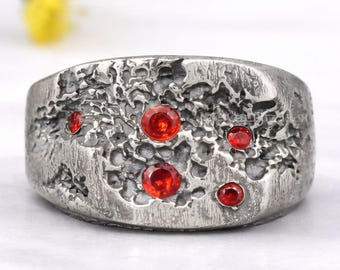 Natural Garnet Sterling Silver Signet Ring: Boho Mens Jewelry