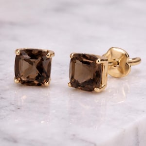 Smoky Quartz Stud Earrings, Gold Plated Women Earrings, Minimalist Gift for Her