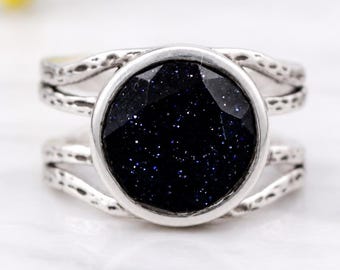Blue Sandstone Ring, 925 Sterling Silver Gemstone Ring, Handmade Boho Statement Jewelry