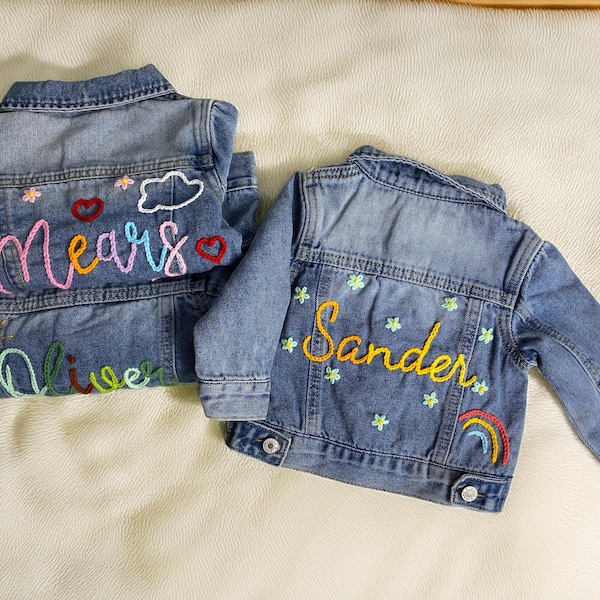 Personalisierte Hand bestickt Blumen Anfang Denim Jacke, Kostüm niedlichen Baby Mädchen Jacke mit Namen, Babypartygeschenk, Baby-Geburtstagsgeschenk
