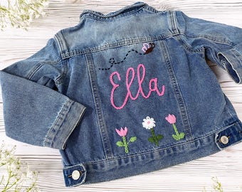 Kurtka jeansowa z nadrukiem dla dzieci, ręcznie haftowany wzór kwiatowy, wyjątkowy prezent na pamiątkę, miękki dżins dla maluchów