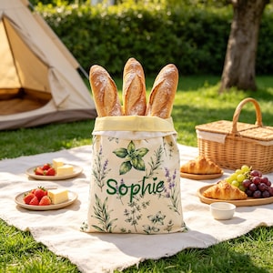 May include: A cream-colored fabric bread bag featuring a botanical print of green herbs and purple lavender, with the name Sophie printed in green script. The bag is filled with three crusty baguettes and has a pale yellow interior lining.