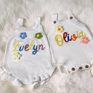 Personalized Baby Name Romper, Hand Embroidered Knit Baby Romper, Baby Summer Bodysuit, First Birthday Outfit, Custom Gift for Baby Girl