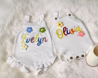 Personalized Baby Name Romper, Hand Embroidered Knit Baby Romper, Baby Summer Bodysuit, First Birthday Outfit, Custom Gift for Baby Girl