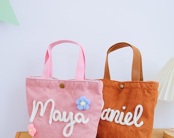 Personalisierte Kindertasche, Cord-Tragetasche mit individuellem Namen, Reisetasche für die Kita, Kindergarten-Utensilien, Geburtstagsgeschenk für Kleinkinder