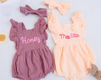 Personalized Muslin Baby Romper, Custom Embroidered Name Bubble Outfit, Ruffle Cotton Gauze Jumpsuit, Baby Girl Shower Gift