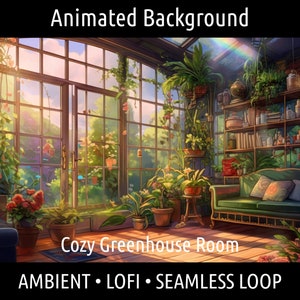 ANIMOWANE TŁO | Retro Przytulny Lofi Ogród Szklarnia Pokój | Dla Vtuber Twitch OBS Zoom Stream Looping Overlay Stage | Płynna pętla