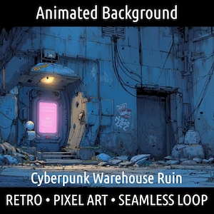 Könnte beinhalten: Animierter Hintergrund eines Cyberpunk-Lagerhaus-Ruinenbildes. Die Szene ist im Retro-Pixel-Art-Stil gehalten und zeigt eine leuchtend pinkfarbene Tür und eine futuristische Ästhetik. Der Text "Animated Background" und "Cyberpunk Warehouse Ruin" sind zu sehen.