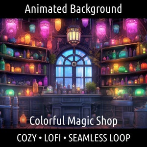 ANIMOWANE TŁO | Retro przytulny sklep Lofi Magic, mikstury, gałka oczna | Dla Vtuber Twitch OBS Zoom Stream Looping Overlay Stage | Płynna pętla