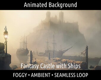 FUNDO ANIMADO | Castelo de fantasia nebuloso com navios altos, aconchegante | Para Vtuber Twitch OBS Zoom Stream Looping Overlay Stage | Loop contínuo