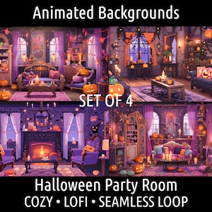 ANIMOWANE TŁO | Przytulny Lofi Retro Anime Halloween Salon | Dla Vtuber Twitch OBS Zoom Stream Looping Overlay Stage | Płynna pętla