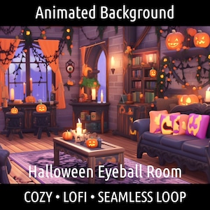 ANIMOWANE TŁO | Przytulny Lofi Retro Anime Halloween Salon | Dla Vtuber Twitch OBS Zoom Stream Looping Overlay Stage | Płynna pętla