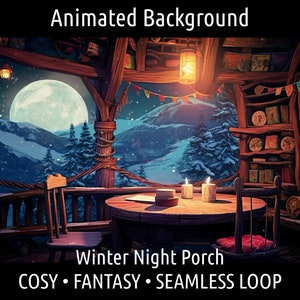 ANIMOWANE TŁO | Retro Przytulny Lofi Zimowy Ganek Fantasy w Nocy | Vtuber Twitch OBS Zoom Stream Looping Overlay Stage | Pętla Świąteczna