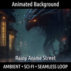 ANIMOWANE TŁO | Anime Monster Kaiju Rainy Night Cyberpunk City | Vtuber Twitch OBS Zoom Stream Looping Overlay Stage | Płynna pętla