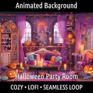 ANIMOWANE TŁO | Przytulny Lofi Retro Anime Halloween Salon | Dla Vtuber Twitch OBS Zoom Stream Looping Overlay Stage | Płynna pętla