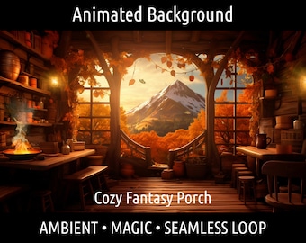 FONDO ANIMADO / Retro acogedor Lofi Otoño Fantasía Porche Montaña / Para Vtuber Twitch OBS Zoom Stream Bucle Superposición Escenario Bucle sin interrupciones