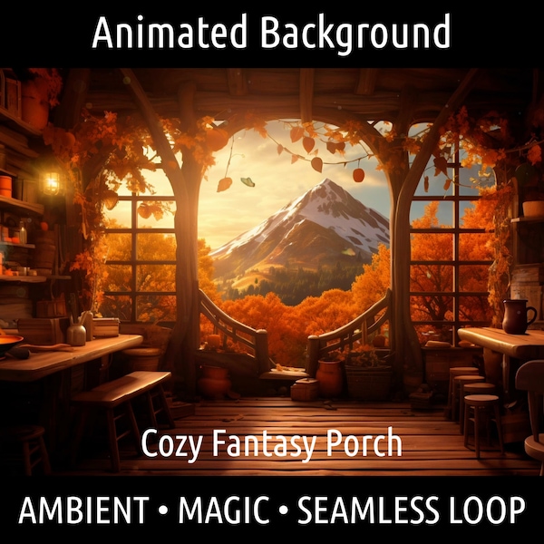 ANIMATED BACKGROUND | Retro Cozy Lofi Autumn Fantasy Porch Mountain | For Vtuber Twitch OBS Zoom Stream Looping Overlay Stage Seamless Loop