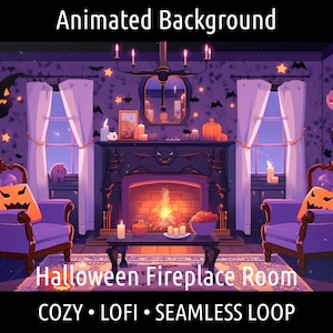 ANIMOWANE TŁO | Przytulny Lofi Retro Anime Halloween Salon | Dla Vtuber Twitch OBS Zoom Stream Looping Overlay Stage | Płynna pętla