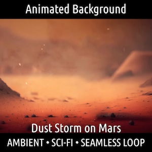 Puede incluir: Fondo animado de un paisaje rojo y polvoriento con una tormenta de polvo arremolinándose en Marte. El texto "Dust Storm on Mars" está en la parte inferior de la imagen, con el texto "AMBIENT - SCI-FI - SEAMLESS LOOP" debajo.