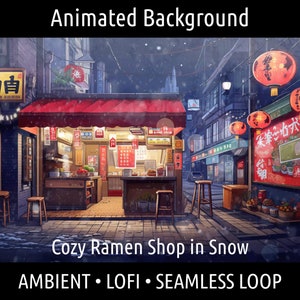 ANIMOWANE TŁO | Retro Przytulny Lofi Anime Noodle Shop w Śniegu | Dla Vtuber Twitch OBS Zoom Stream Looping Overlay Stage | Płynna pętla