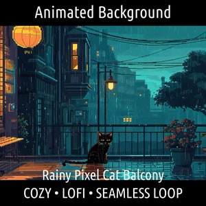 ANIMATED BACKGROUND | Retro Cozy Lofi Pixel Art Rainy Cat Cityscape | Vtuber Twitch OBS Zoom Stream Looping Overlay Stage | Seamless Loop