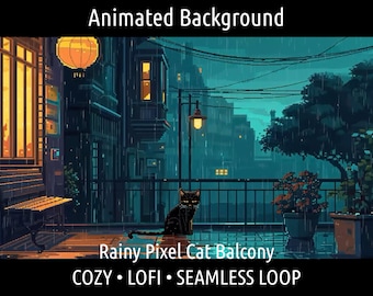 May include: Animated pixel art background featuring a black cat sitting on a balcony overlooking a rainy city street. The scene is set at night with glowing streetlights and windows. The text "Rainy Pixel Cat Balcony" and "COZY • LOFI • SEAMLESS LOOP" is displayed at the bottom of the image.