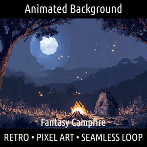 ANIMATED BACKGROUND | Retro Pixel Art Fantasy Campfire Forest | For Vtuber Twitch OBS Zoom Stream Looping Overlay Stage | Seamless Loop