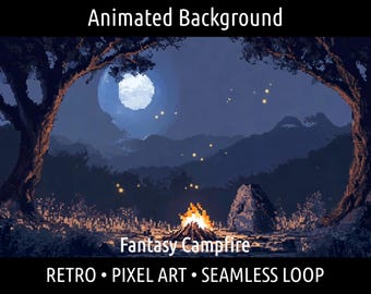 ANIMIERTER HINTERGRUND | Retro Pixel Art Fantasy Lagerfeuer Wald | Für Vtuber Twitch OBS Zoom Stream Looping Overlay Bühne | Nahtloser Loop