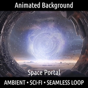 Peut inclure: Un portail spatial bleu et blanc tourbillonnant avec des étoiles en arrière-plan. Le texte "Space Portal" est sous le portail. Le texte "Ambient - Sci-Fi - Seamless Loop" est en bas de l'image.