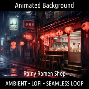 ANIMOWANE TŁO | Retro Przytulny Cyberpunk Ramen Shop Deszczowa Noc | Vtuber Twitch OBS Zoom Stream Looping Overlay Stage | Płynna Pętla