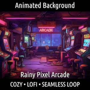 ANIMOWANE TŁO | Retro Przytulny Lofi Pixel Art Deszczowy Pokój Arcade | Dla Vtuber Twitch OBS Zoom Stream Looping Overlay Stage | Płynna pętla