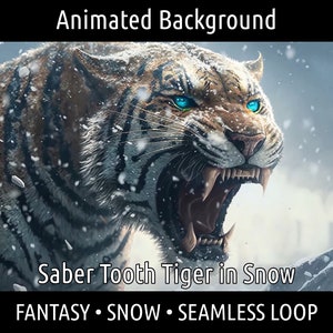 Peut inclure: Illustration numérique d'un tigre à dents de sabre dans un environnement enneigé. Le tigre a des rayures orange et noires, des yeux bleus brillants et de grandes défenses. Le texte "Animated Background" et "Saber Tooth Tiger in Snow" est inclus.
