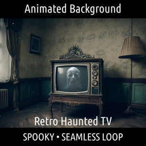 ANIMOWANE TŁO | Retro Haunted Halloween TV Telewizja | Dla Vtuber Twitch Obs Zoom Stream Looping Overlay Stage | Płynna pętla