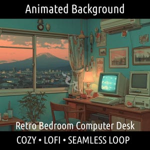 Könnte beinhalten: Ein animierter Hintergrund eines Retro-Schlafzimmers mit einem Computertisch. Die Szene zeigt ein Fenster mit Blick auf einen Berg und eine Stadt, einen Schreibtisch mit zwei Vintage-Computern und den Text "Animated Background" und "Retro Bedroom Computer Desk".