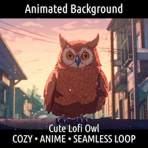 May include: An animated background featuring a cute, cartoon-style owl with brown and orange feathers, set against a cityscape at sunset. The text "Animated Background" and "Cute Lofi Owl" are displayed.
