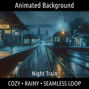 May include: A night train pulls into a station on a rainy night. The train is lit up with yellow lights and the station is dark and deserted. The text "Night Train" is visible on the side of the train and on a sign above the station.