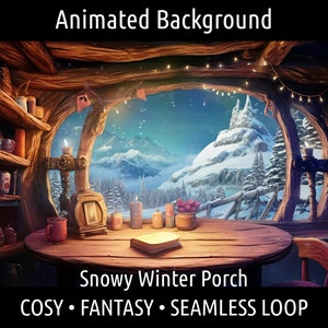 ANIMOWANE TŁO | Retro Przytulny Lofi Zimowy Fantastyczny Ganek Kawiarnia | Vtuber Twitch OBS Zoom Stream Looping Overlay Stage | Pętla świąteczna