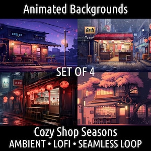 ANIMOWANE TŁO | Retro Przytulny Lofi Anime Shop Różne pory roku | Dla Vtuber Twitch OBS Zoom Stream Looping Overlay Stage | Płynna pętla