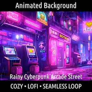 ANIMOWANE TŁO | Pixel Art Rainy Arcade Street Retro Cozy Lofi | Vtuber Twitch OBS Zoom Stream Looping Overlay Stage | Płynna pętla