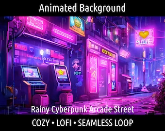 May include: A digital illustration of a rainy cyberpunk arcade street at night with neon signs in pink and purple. The street is lined with buildings and shops, including a shop called "BOTSI". The image has the text "Rainy Cyberpunk Arcade Street" and "COZY • LOFI • SEAMLESS LOOP" at the bottom.