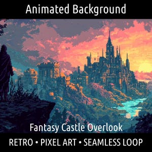 ANIMATED BACKGROUND | Pixel Art Retro Fantasy Castle Sunset Scene | For Vtuber Twitch OBS Zoom Stream Looping Overlay Stage | Seamless Loop