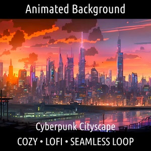 ANIMOWANE TŁO | Retro Przytulne Lofi Cyberpunk City Skyline | Dla Vtuber Twitch OBS Zoom Stream Looping Overlay Stage | Płynna pętla