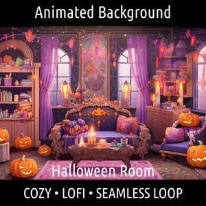ANIMOWANE TŁO | Przytulny Lofi Retro Anime Halloween Salon | Dla Vtuber Twitch OBS Zoom Stream Looping Overlay Stage | Płynna pętla