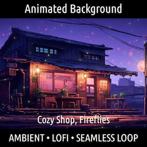 ANIMOWANE TŁO | Retro Przytulny Lofi Anime Shop z Fireflies | Dla Vtuber Twitch OBS Zoom Stream Looping Overlay Stage | Płynna pętla