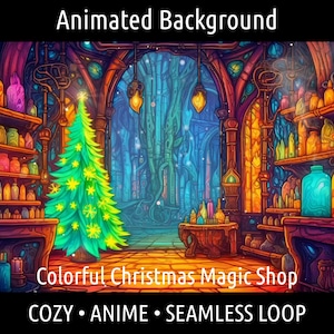 ANIMOWANE TŁO | Sklep z magią świąteczną, Retro przytulne anime | Vtuber Twitch OBS Zoom Stream Looping Overlay Stage | Płynna pętla