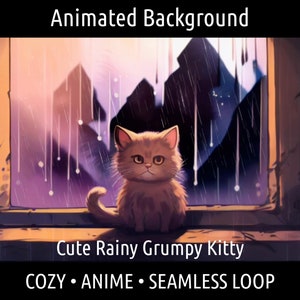 Peut inclure: Image d'arrière-plan animé avec un chaton mignon et grincheux assis dans une fenêtre sous la pluie. L'image est de style anime et est une boucle transparente. Le texte en haut indique "Animated Background".