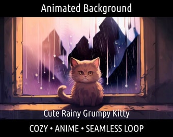 ANIMERAD BAKGRUND | Mysig Grumpy Anime Kitty Cat, Regnig Natt | För Vtuber Twitch OBS Zoom Stream Looping Overlay Stage | Sömlös Loop