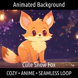 ANIMOWANE TŁO | Retro Przytulne Lofi Słodkie Anime Lis na Śnieżnej Nocy | Dla Vtuber Twitch OBS Zoom Stream Looping Overlay Stage | Płynna pętla