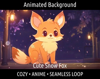 May include: Animated background featuring a cute orange fox with big eyes, sitting on a pavement with a streetlight and falling snowflakes. The text "Cute Snow Fox" is below the fox, and the text "COZY • ANIME • SEAMLESS LOOP" is below that.