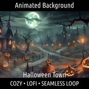 ANIMOWANE TŁO | Straszne, słodkie miasteczko Halloween, nietoperze, dynie | Dla Vtuber Twitch OBS Zoom Stream Looping Overlay Stage | Płynna pętla
